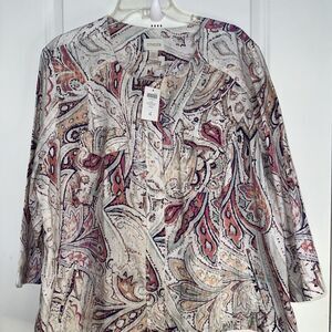 New Chicos 4 Womens 2X Linen Elbow Sleeve Blouse Full Zip Paisley Western Resort